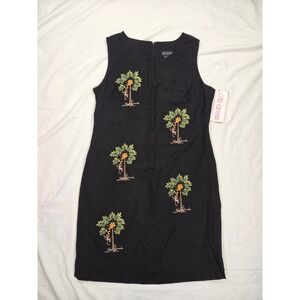 Citi Dress Black Linen‎ Blend Sleeveless Midi Monkey Palm Tree Embroidery 14 NWT